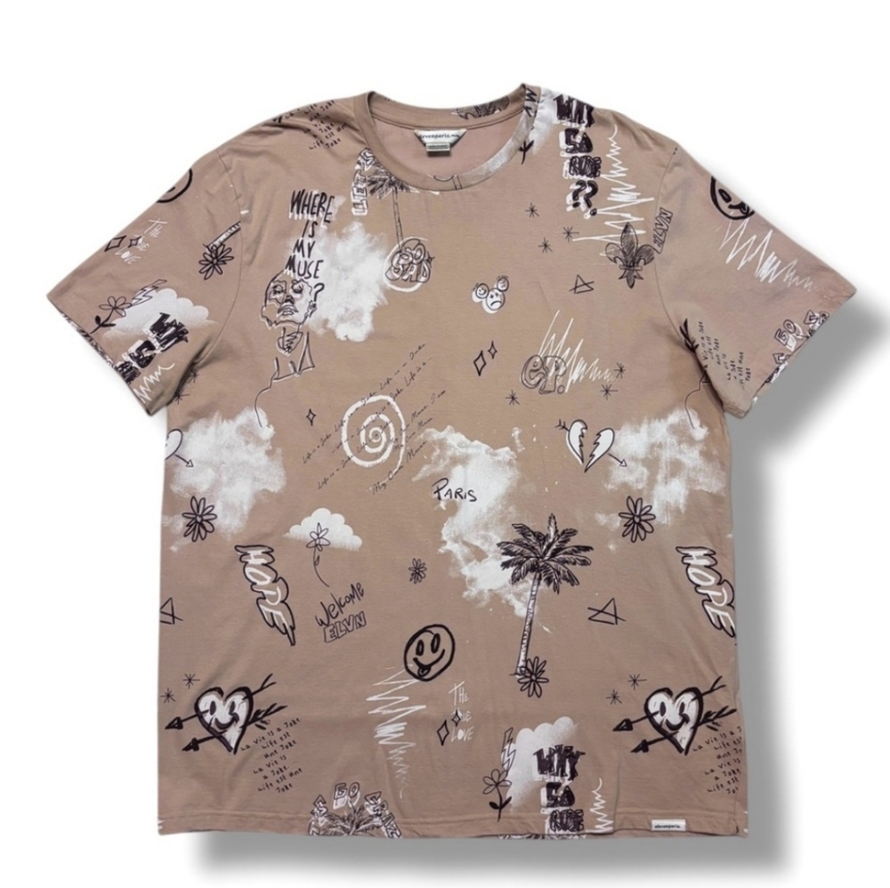 ELEVEN PARIS Tan Doodles & Clouds Print Crew Neck Shirt
